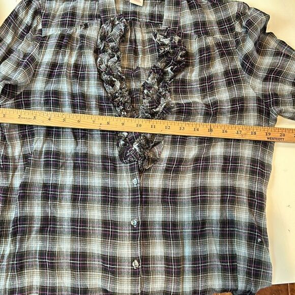 Sundance plaid blouse with ruffle neck, front size large - Picture 3 of 8